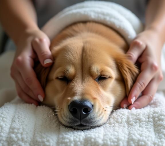 Chien se relaxant durant un soin spa chez VelvetPaw Atelier